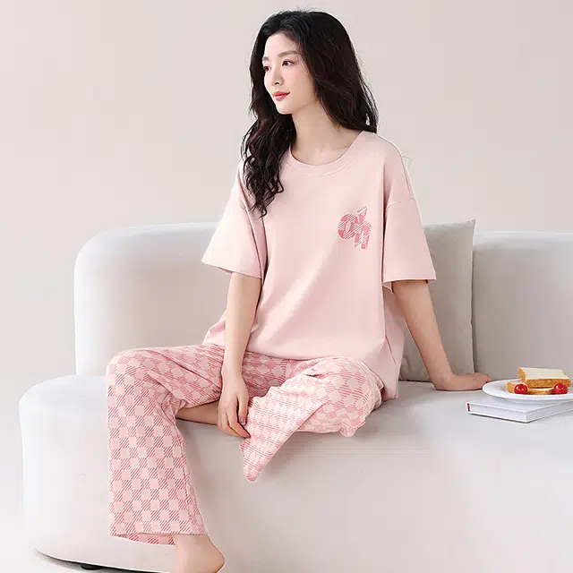 睦隆世家 纯棉可出门外穿家居服短袖长裤休闲睡衣套装 女款