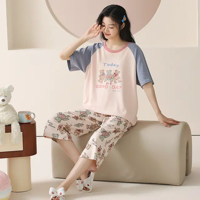 睦隆世家 纯棉短袖简约舒适休闲家居服可外穿睡衣套装 女款