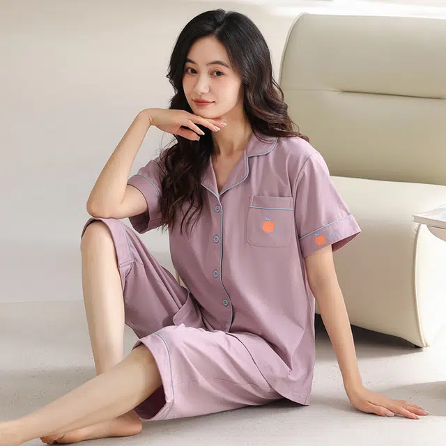 睦隆世家 带胸垫短袖七分裤薄款舒适休闲可外穿家居服睡衣套装 女款