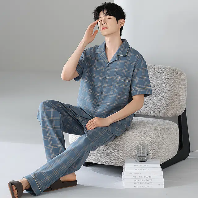 睦隆世家 纯棉短袖长裤薄款可外穿家居服睡衣套装 男款