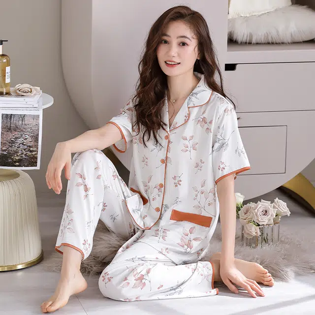 睦隆世家 冰丝短袖长裤家居服薄款高级感夏季睡衣套装 女款
