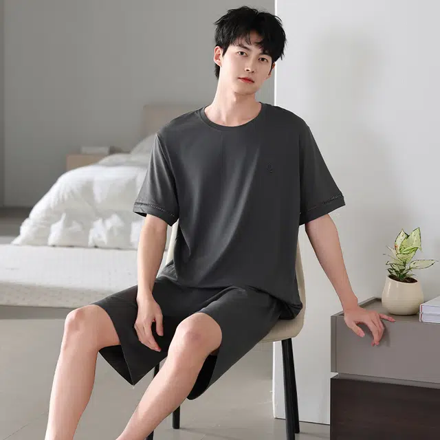睦隆世家 凉感莫代尔棉绸短袖短裤家居服薄款冰丝睡衣套装 男款