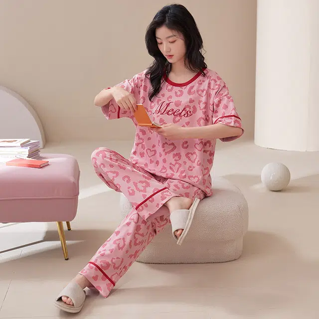 睦隆世家 纯棉带胸垫家居服出勤短袖长裤夏季睡衣套装 女款