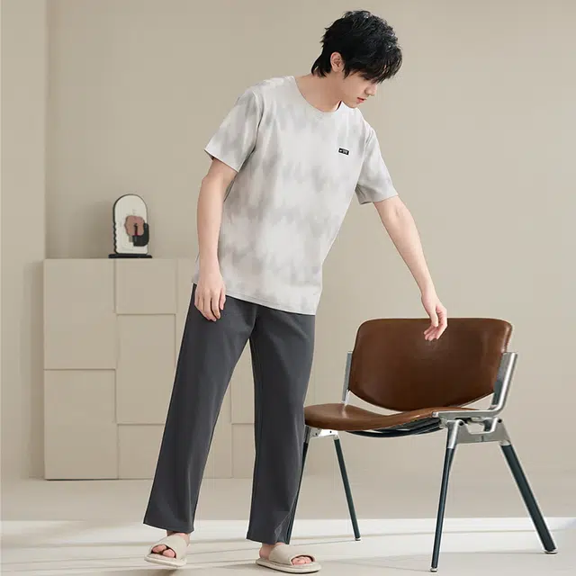 睦隆世家 纯棉短袖长裤薄款舒适可外穿家居服睡衣套装 男款