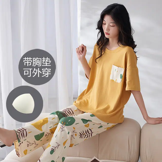 睦隆世家 出勤短袖长裤薄款纯棉带胸垫家居服夏季睡衣套装 女款