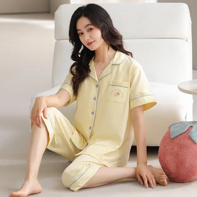 睦隆世家 带胸垫短袖七分裤薄款休闲可外穿家居服睡衣套装 女款