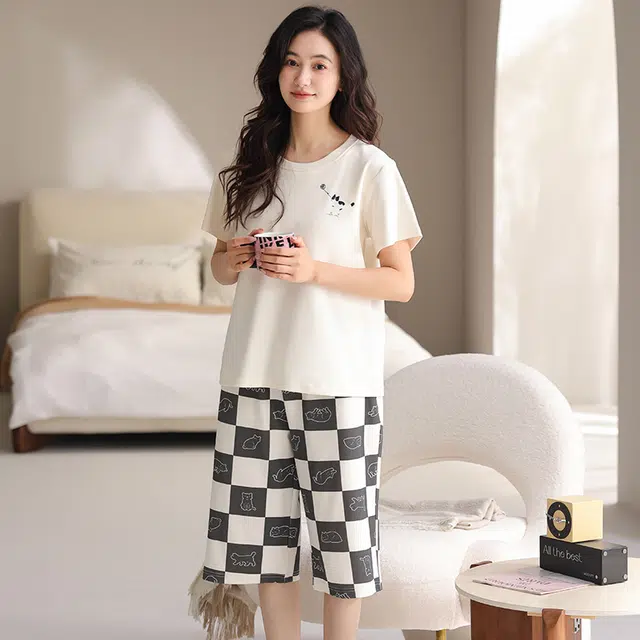 睦隆世家 带胸垫短袖七分裤薄款休闲家居服睡衣套装 女款