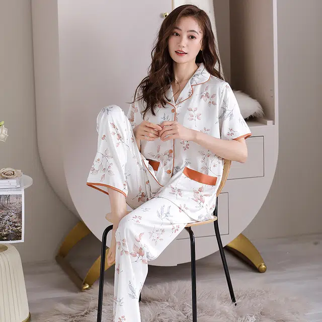 睦隆世家 冰丝短袖长裤家居服薄款高级感夏季睡衣套装 女款