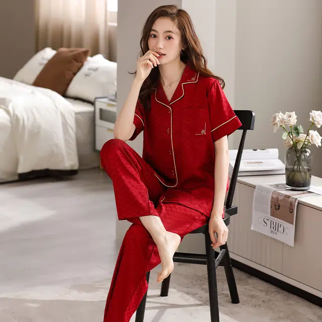 睦隆世家 冰丝短袖长裤薄款仿真丝绸家居服夏季睡衣套装 女款