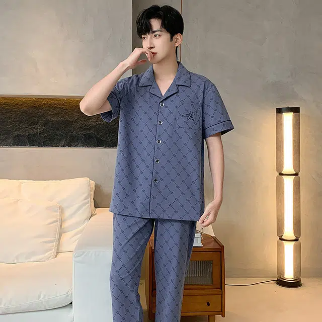 睦隆世家 纯棉短袖长裤舒适简约可外穿家居服夏季睡衣套装 男款