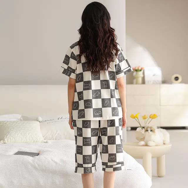 睦隆世家 短袖纯棉薄款舒适七分裤带胸垫家居服可外穿睡衣套装 女款