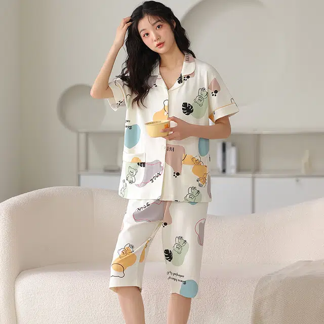 睦隆世家 纯棉短袖七分裤薄款甜美休闲开衫家居服睡衣套装 女款