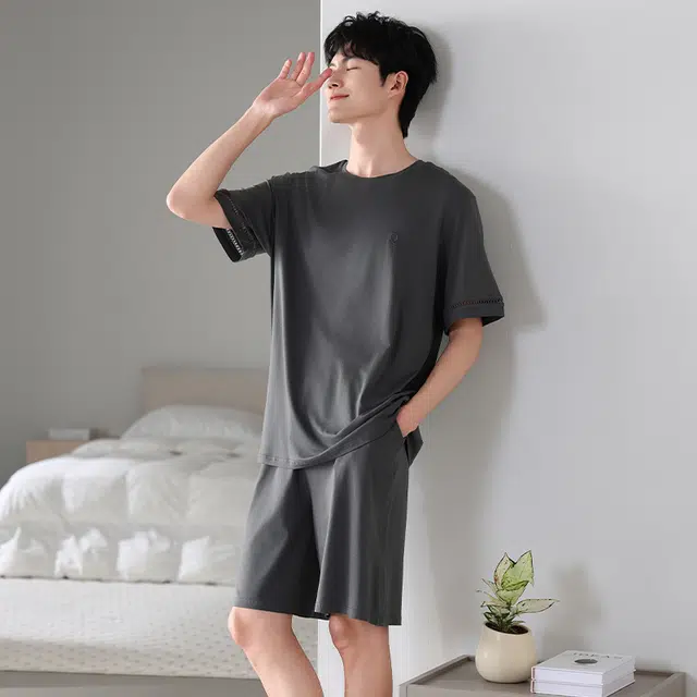 睦隆世家 凉感莫代尔棉绸短袖短裤家居服薄款冰丝睡衣套装 男款