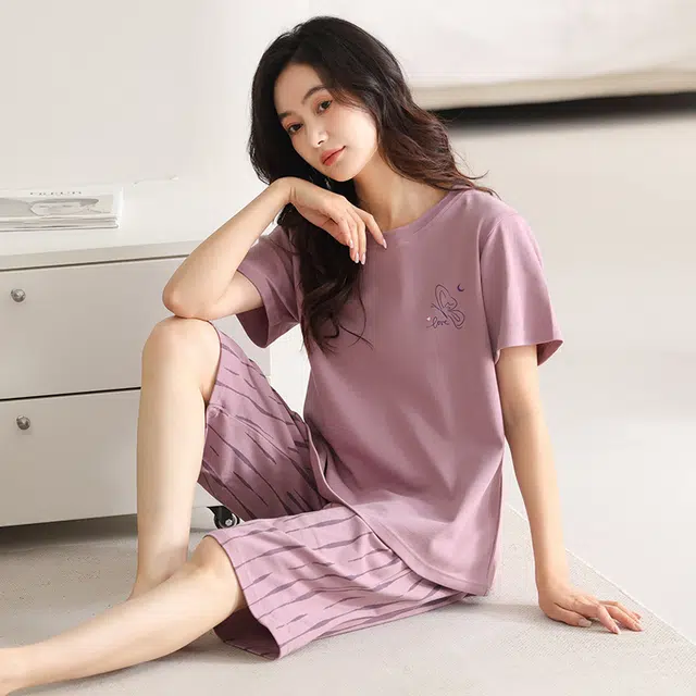 睦隆世家 夏季纯棉短袖七分裤休闲舒适家居服可外穿睡衣套装 女款