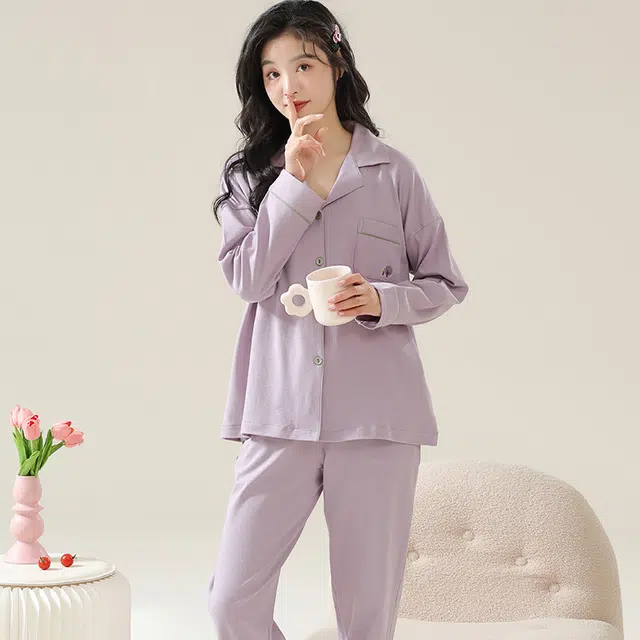 睦隆世家 纯色纯棉长袖家居服可外穿春秋款睡衣套装 女款