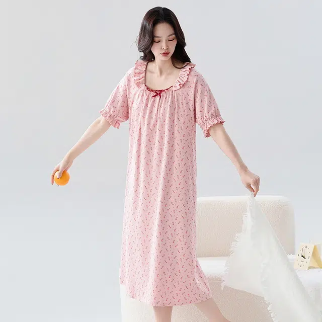 睦隆世家 短袖大码休闲碎花居家居服夏季睡裙 女款