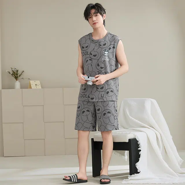 睦隆世家 背心短裤薄款无袖高级感加大码舒适家居服睡衣套装 男款