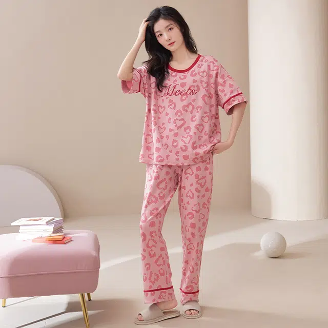 睦隆世家 纯棉带胸垫家居服出勤短袖长裤夏季睡衣套装 女款