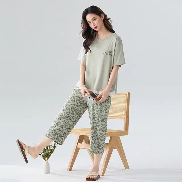 睦隆世家 短袖七分裤薄款凉感舒适可外穿家居服睡衣套装 女款