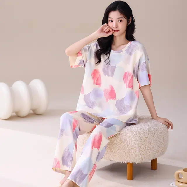 睦隆世家 家居服纯棉带胸垫一体出勤短袖长裤夏季睡衣套装 女款