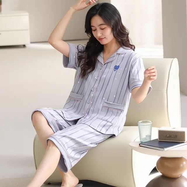 睦隆世家 夏季纯棉开衫短袖七分裤薄款甜美休闲加大码家居服睡衣套装 女款