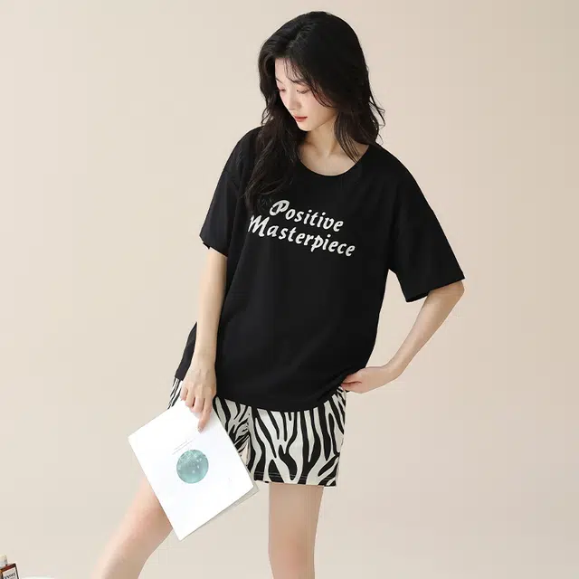 睦隆世家 带胸垫韩版圆领家居服短袖上衣可爱可外穿潮流三分裤睡衣套装 女款