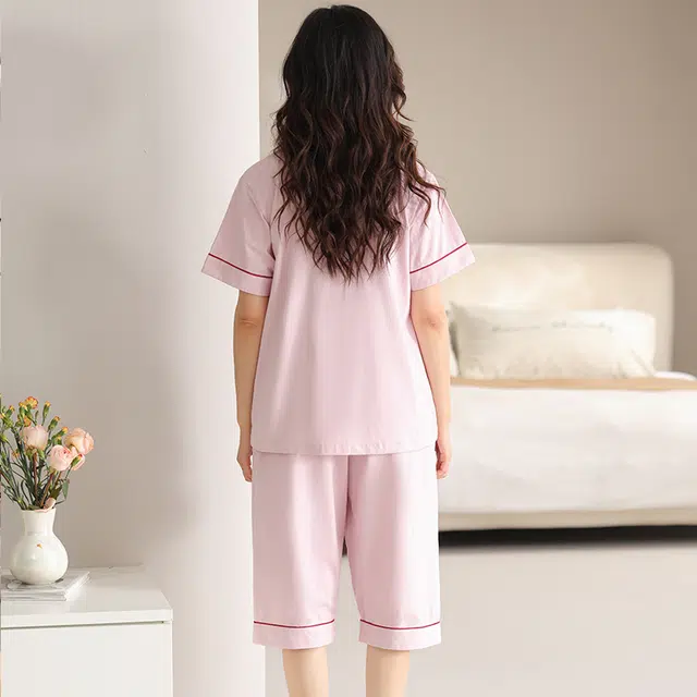 睦隆世家 带胸垫短袖七分裤薄款休闲舒适可外穿家居服睡衣套装 女款