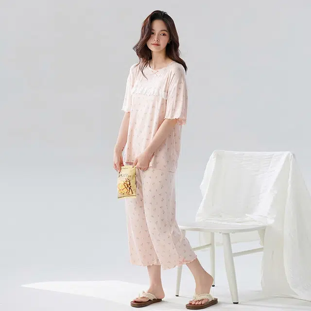 睦隆世家 短袖七分裤凉感家居服简约休闲睡衣套装 女款