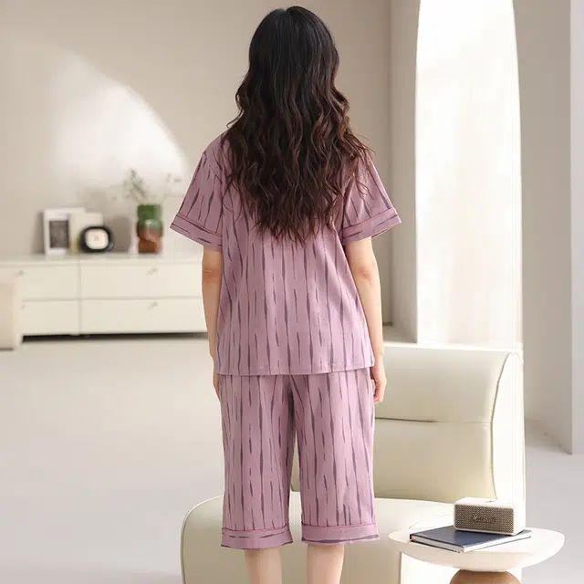睦隆世家 夏季纯棉开衫短袖七分裤舒适休闲可外穿家居服睡衣套装 女款