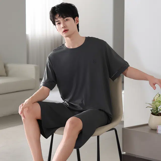 睦隆世家 凉感莫代尔棉绸短袖短裤家居服薄款冰丝睡衣套装 男款