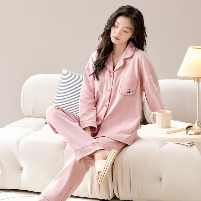 睦隆世家 春秋季甜美长袖纯棉翻领女士可外穿休闲睡衣翻领开衫女全棉家居服套装  女款  粉色