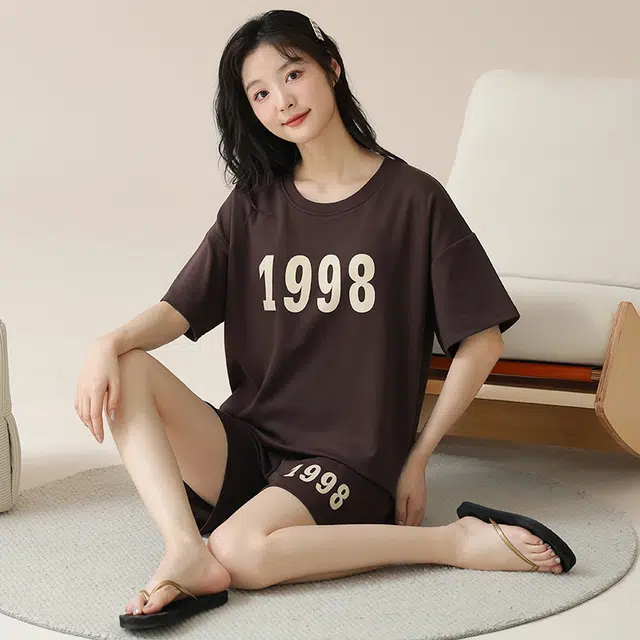 睦隆世家 带胸垫家居服可外穿韩版圆领短袖短裤格子潮流卡通宽松可爱睡衣套装 女款