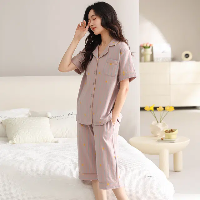 睦隆世家 夏季纯棉开衫短袖七分裤薄款甜美休闲家居服睡衣套装 女款