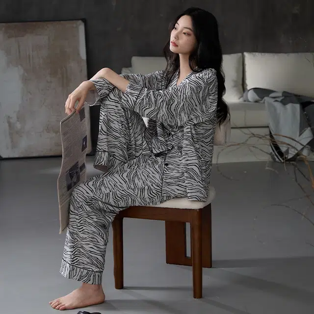 睦隆世家 纯棉高级感抑菌开衫翻领长袖睡衣套装 女款