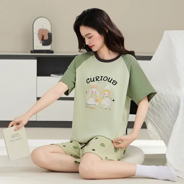 睦隆世家 加大码家居服短袖短裤薄款卡通睡衣套装 女款