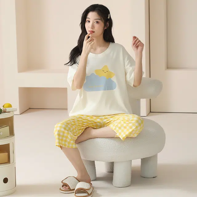 睦隆世家 格子纯棉短袖简约休闲家居服可外穿睡衣套装 女款