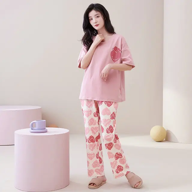 睦隆世家 短袖长裤家居服出勤纯棉带胸垫夏季睡衣套装 女款