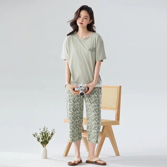 睦隆世家 短袖七分裤薄款凉感舒适可外穿家居服睡衣套装 女款