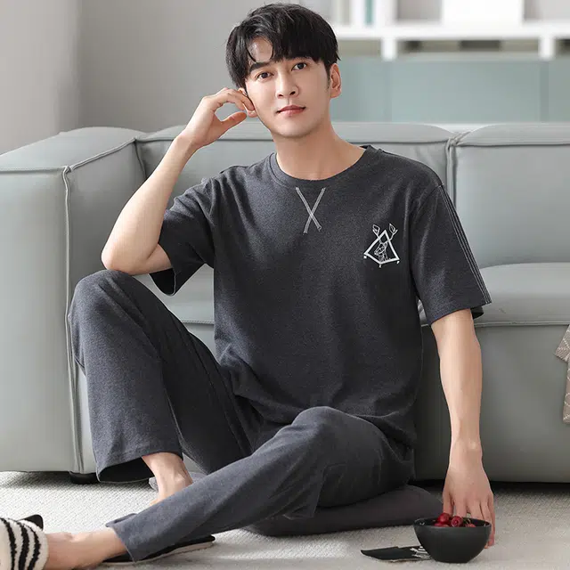 睦隆世家 家居服可外穿纯棉短袖长裤夏季睡衣套装 男款
