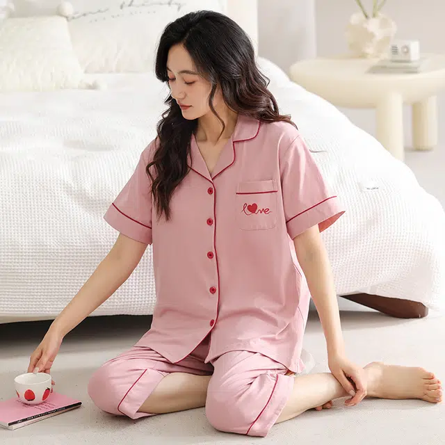 睦隆世家 带胸垫短袖七分裤薄款休闲可外穿大码家居服睡衣套装 女款
