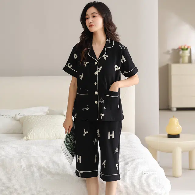 睦隆世家 短袖纯棉薄款七分裤带胸垫家居服睡衣套装 女款