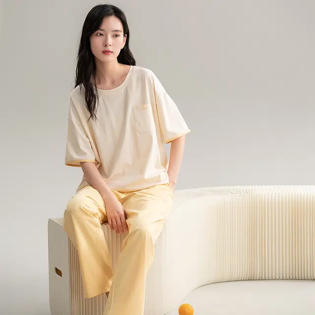 睦隆世家 抗菌高级感薄款短袖长裤可外穿家居服两件套夏季睡衣套装 女款