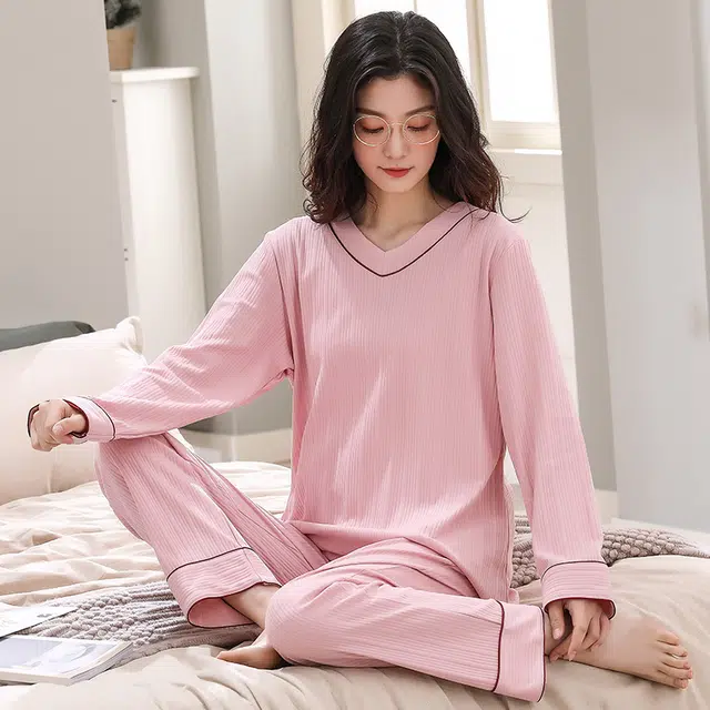 睦隆世家 春秋季女士双面纯棉长袖可外穿纯色家居服套装  女款睡衣  粉色