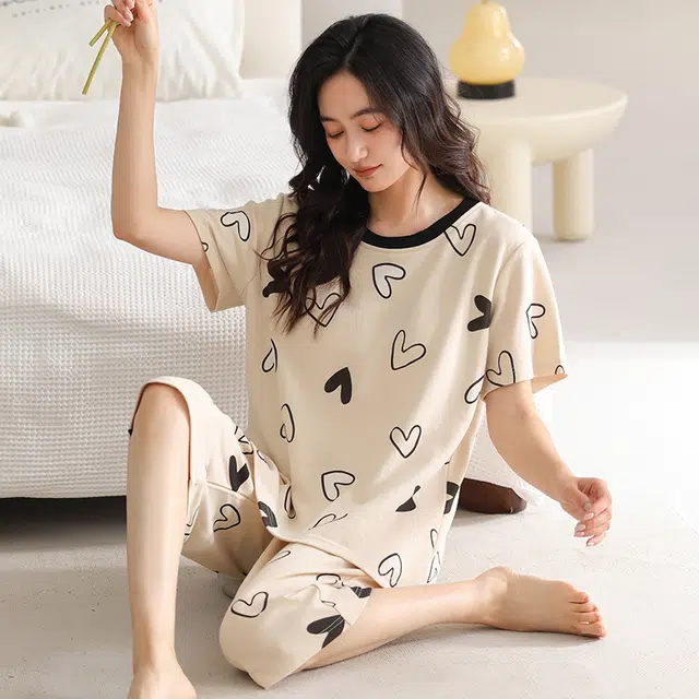 睦隆世家 带胸垫短袖七分裤薄款休闲舒适家居服睡衣套装 女款