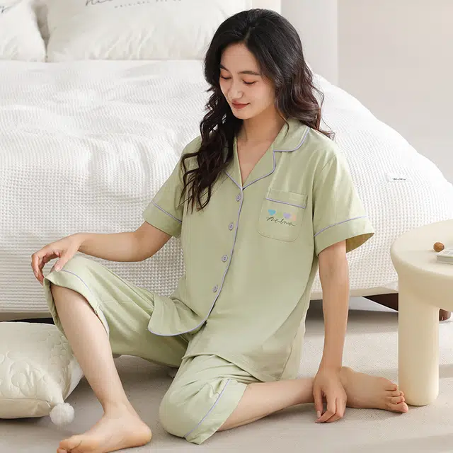 睦隆世家 带胸垫短袖七分裤薄款休闲可外穿大码家居服夏季睡衣套装 女款