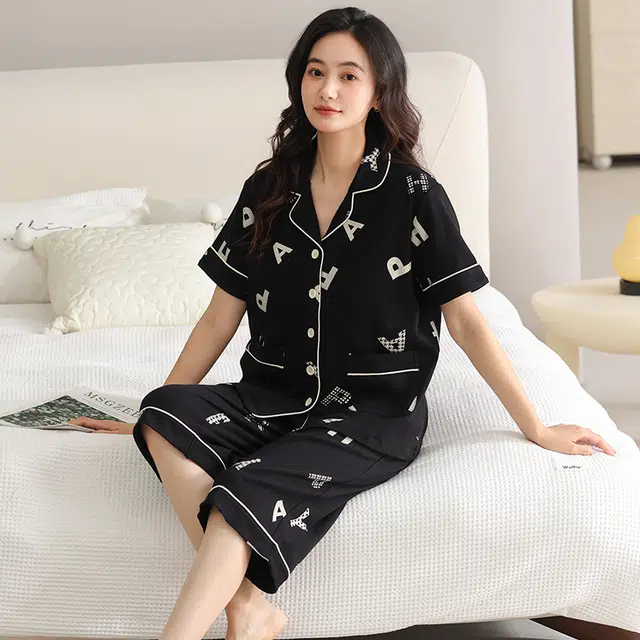 睦隆世家 短袖纯棉薄款七分裤带胸垫家居服睡衣套装 女款