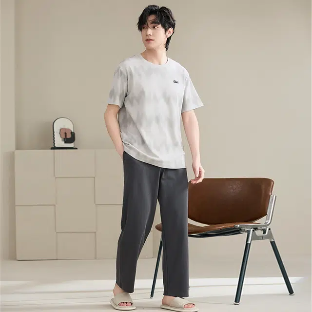 睦隆世家 纯棉短袖长裤薄款舒适可外穿家居服睡衣套装 男款