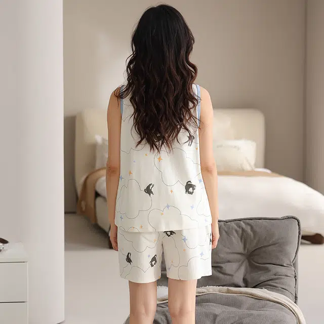 睦隆世家 背心款纯棉无袖短裤带胸垫防凸点一体舒适休闲可外穿家居服睡衣套装 女款