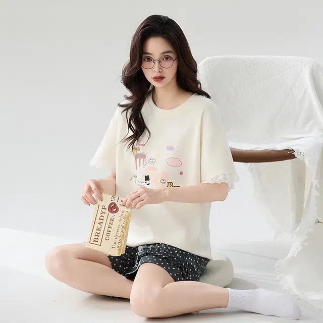 睦隆世家 家居服纯棉短袖三分裤卡通加大码睡衣套装 女款