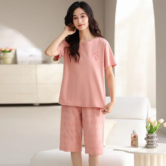 睦隆世家 纯棉短袖七分裤舒适休闲家居服可外穿睡衣套装 女款